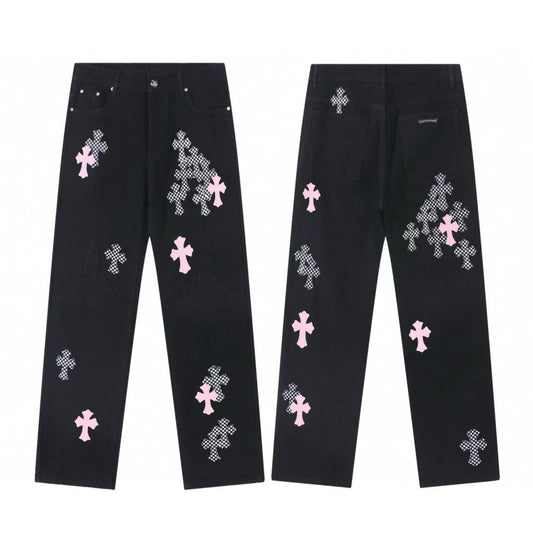 CHROME HEARTS PINK & CHECKERED CROSS PATCH FLEURKNEE JEANS BLACK