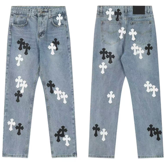 CHROME HEARTS TIE DYE WHITE ORANGE CROSS PATCH JEANS