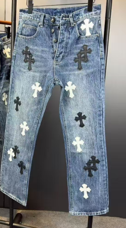 CHROME HEARTS WHITE BLACK CROSS PATCH JEANS DENIM