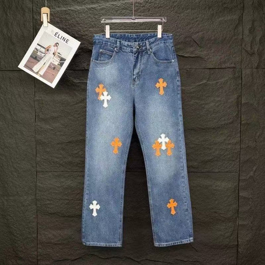 Chrome Hearts Denim Jeans in White, Orange, and Blue