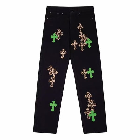CHROME HEARTS JEANS BLACK GREEN LEOPARD