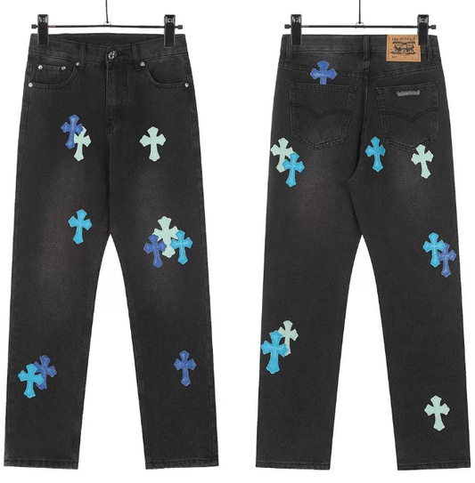 CHROME HEARTS BLUE CROSS PATCH JEANS BLACK