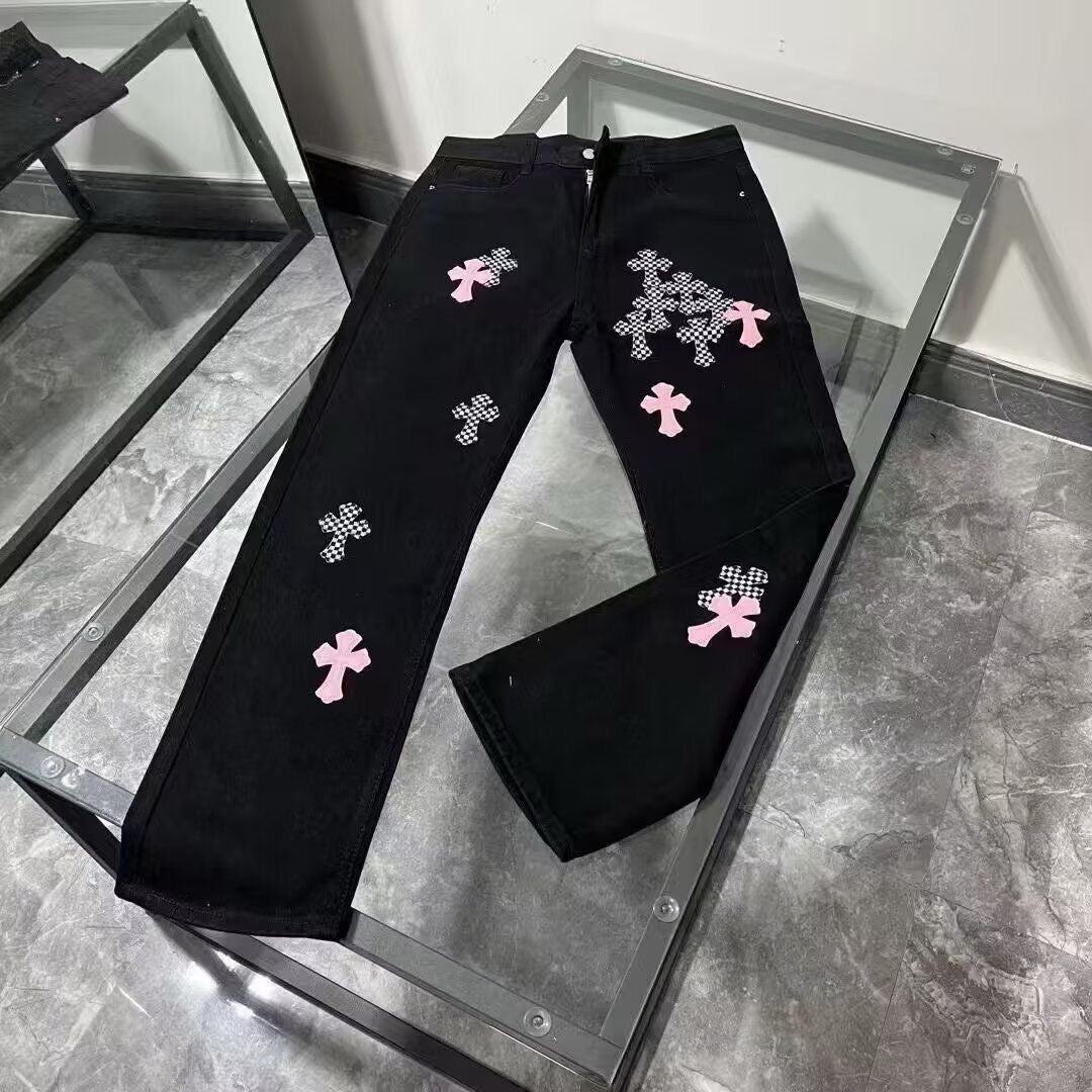 CHROME HEARTS PINK & CHECKERED CROSS PATCH FLEURKNEE JEANS BLACK