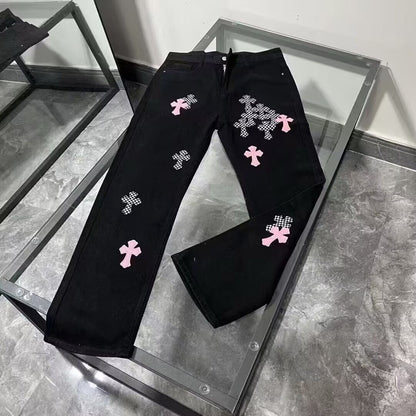 CHROME HEARTS PINK & CHECKERED CROSS PATCH FLEURKNEE JEANS BLACK