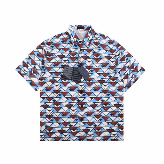 BALENCIAGA PATTERNED SHORT SLEEVE SHIRT BLUE BROWN - Prime Reps
