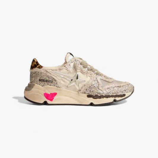 Running Sole Sneakers In Nylon And Silver Glitter With Leopard-print Pony Skin Heel Tab