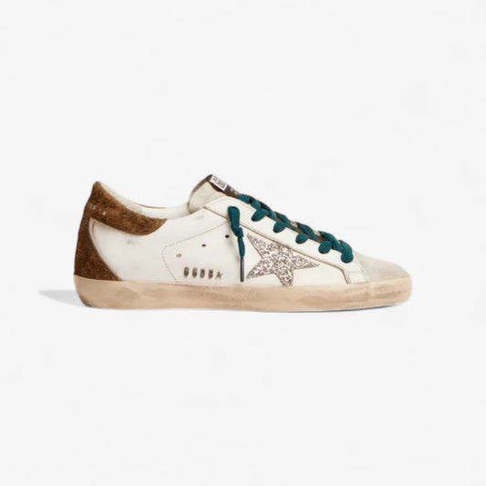 Super-star Sneakers With Silver Glitter Star And Leopard-print Suede Heel Tab