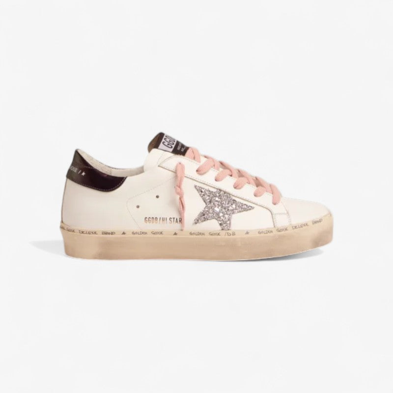 White Hi-star Sneakers With Glittery Star And Pink Laces