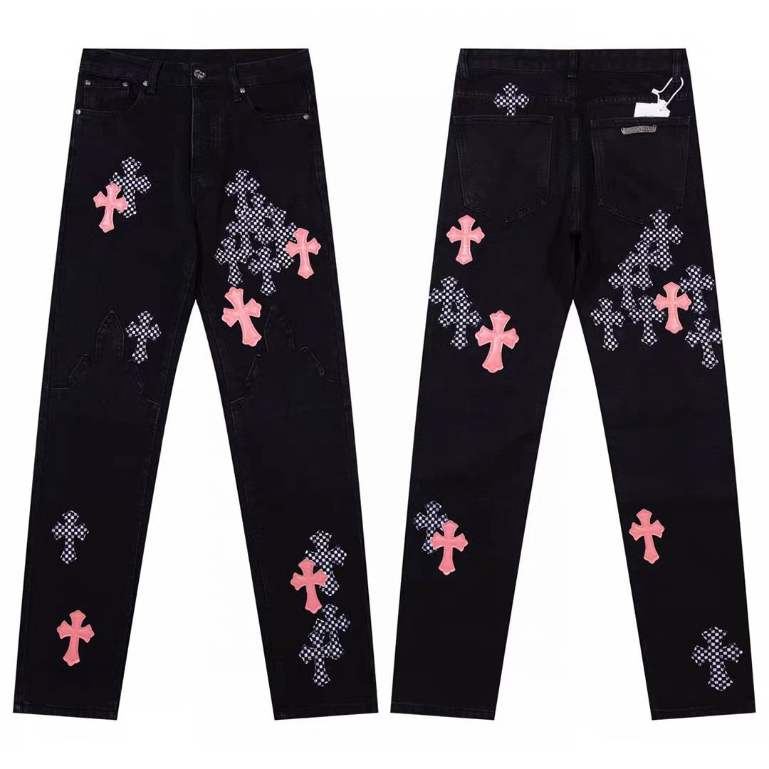 CHROME HEARTS PINK & CHECKERED CROSS PATCH FLEURKNEE JEANS BLACK