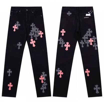CHROME HEARTS PINK & CHECKERED CROSS PATCH FLEURKNEE JEANS BLACK