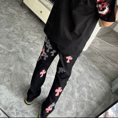 CHROME HEARTS PINK & CHECKERED CROSS PATCH FLEURKNEE JEANS BLACK