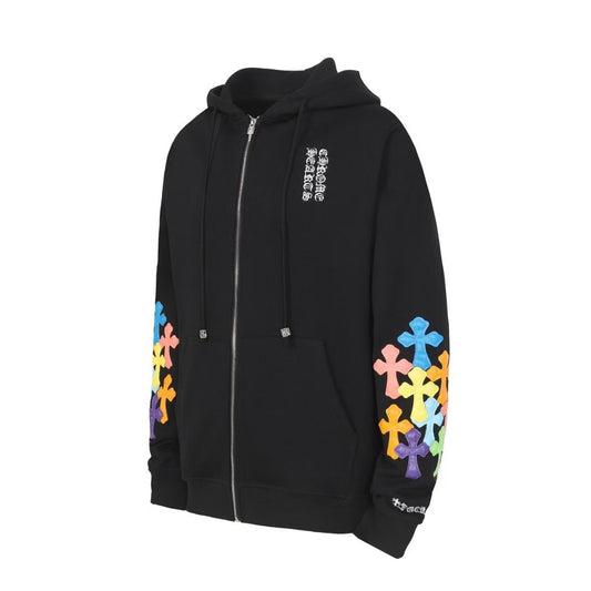 CHROME HEARTS MULTICOLOR CROSS PATCH ZIPPER HOODIE BLACK